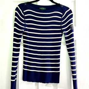 Ralph Lauren Long Sleeve Sweater Navy Blue with White Stripes. Women’s Small.